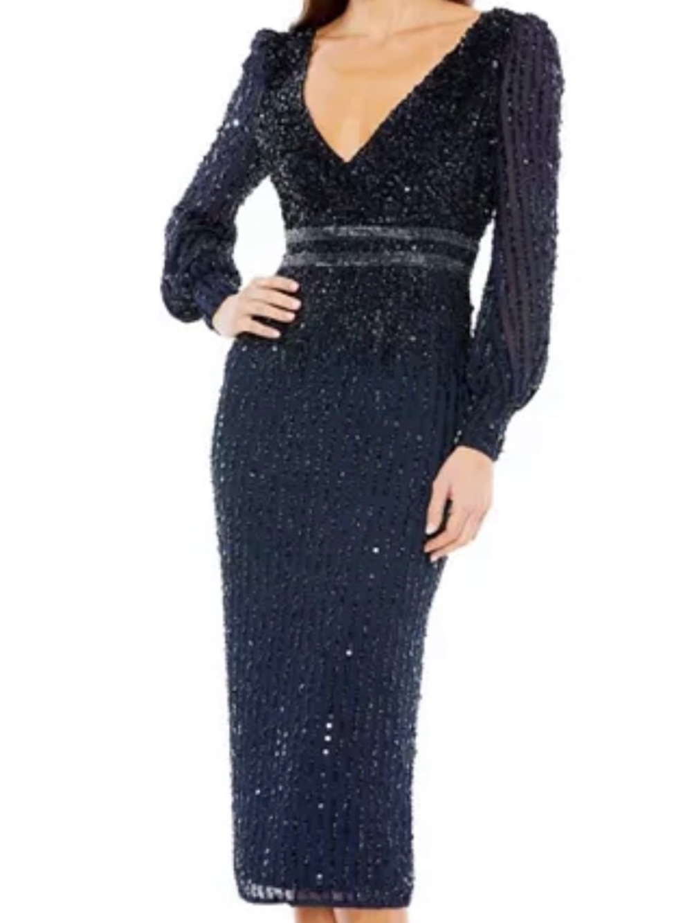 Mac Duggal Navy Sequin Wrap-Front Evening Gown with Metallic Beaded Waist
